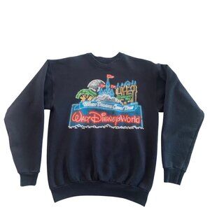 Disney Parks Walt Disney World Sweatshirt Small Black‎ Crewneck Neon Embroidered